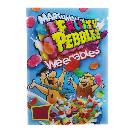 Mylar Bag Packaging of Marshmallows Fruity Pebblez Weeables with cartoon characters on a blue background