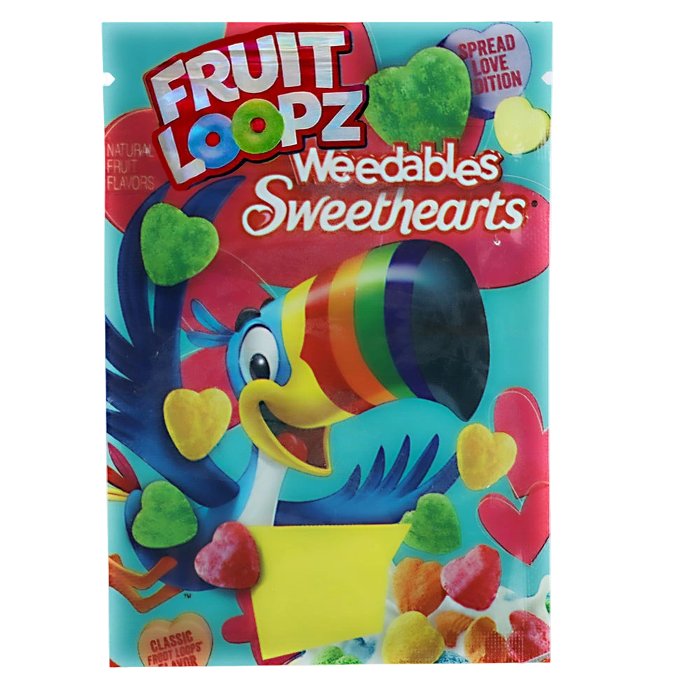 Mylar Bag Colorful packaging of Fruit Loopz Weedables Sweethearts with a cartoon character on a blue background.