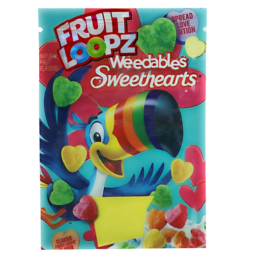 Mylar Bag Colorful packaging of Fruit Loopz Weedables Sweethearts with a cartoon character on a blue background.