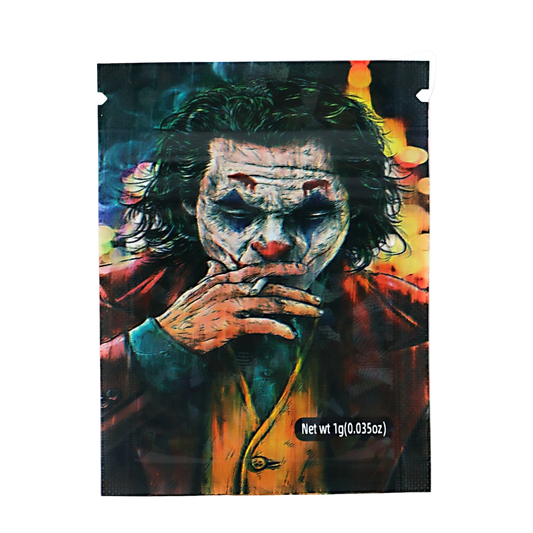 Mylar Bag Product packaging with a stylized depiction of a character smoking a cigarette, on a white background.