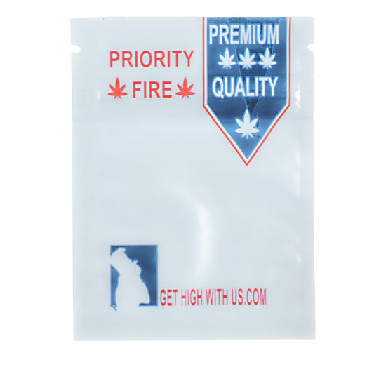 Mylar Bag Drug packaging with 'Priority Fire' and 'Premium Quality' text on a white background