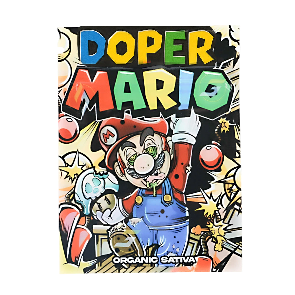 Mylar Bag Product packaging with 'Doper Mario' branding and colorful design