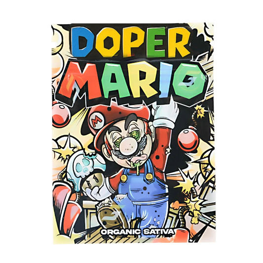 Mylar Bag Product packaging with 'Doper Mario' branding and colorful design