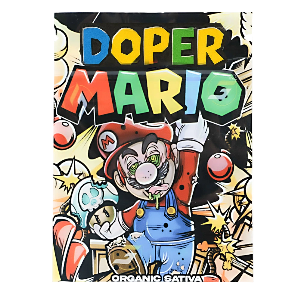 Mylar Bag Drug packaging with colorful text and a stylized character, featuring the brand 'Doper Mario'.