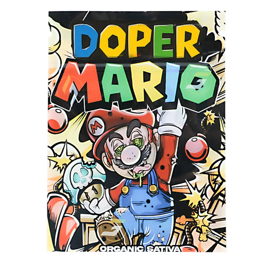 Mylar Bag Drug packaging with colorful text and a stylized character, featuring the brand 'Doper Mario'.