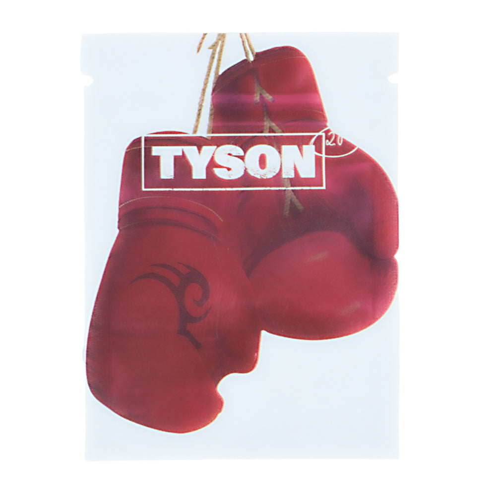 Mylar Bag Red boxing gloves with 'Tyson' branding on a light blue background