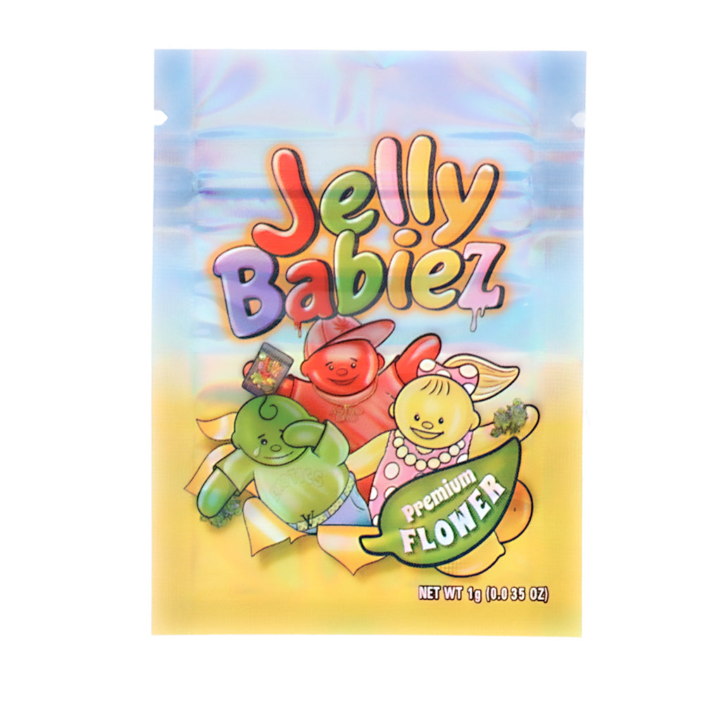 Mylar Bag Jelly Babiez premium flower packaging with cartoon characters on a colorful background