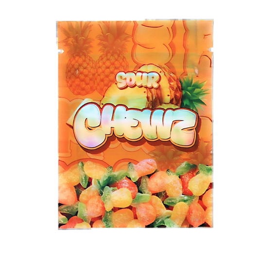 Mylar Bag Sour Chewie candy package with colorful gummy candies on a white background