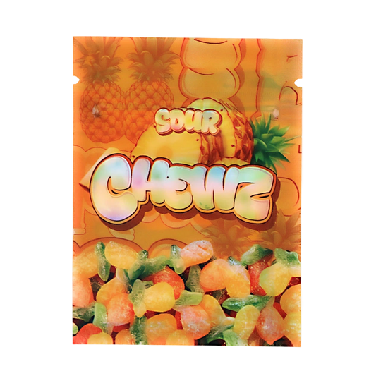 Mylar Bag Sour Chewz candy package with colorful design and gummy candies.