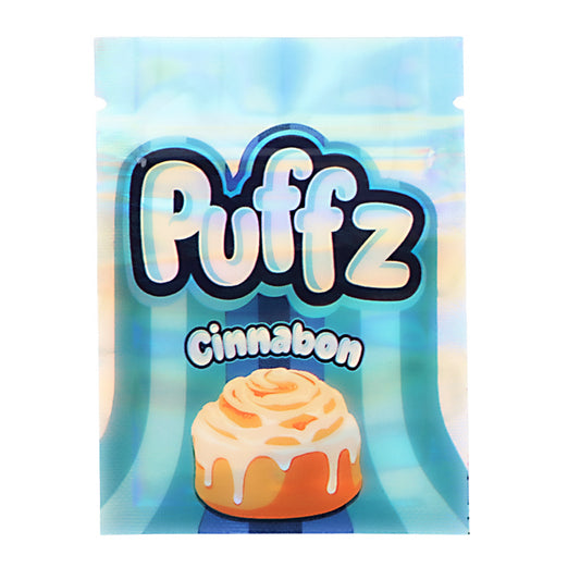 Mylar Bag Puffz Cinnabon snack package with a blue and white background