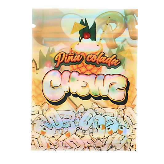 Mylar Bag Holographic confetti with 'Pina Colada Cheek' text and pineapple design on a white background