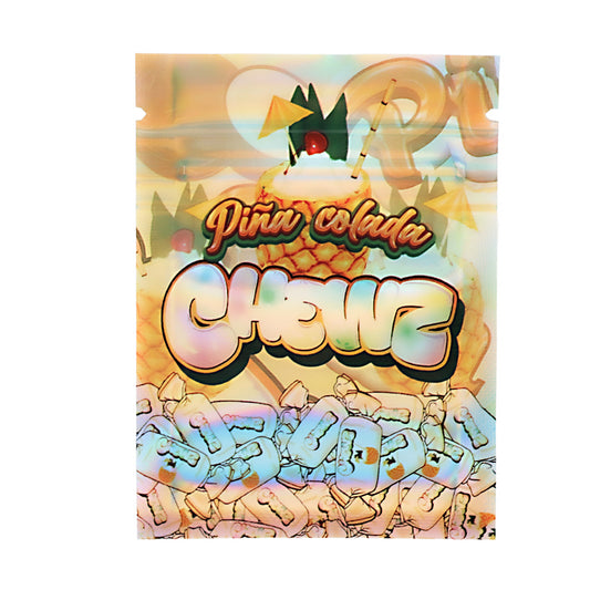 Mylar Bag Packaging of 'Pina Colada Chewie' with pineapple and cherry design on a colorful background.