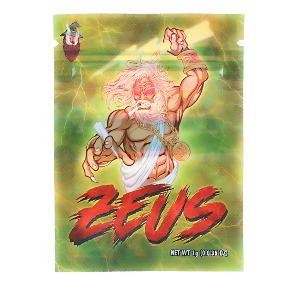 Mylar Bag Zeus-themed product packaging with a character in a dynamic pose on a green background.