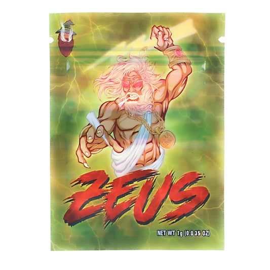 Mylar Bag Zeus-themed product packaging with a character in a dynamic pose on a green background.