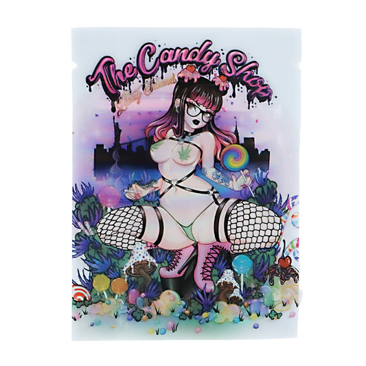 Mylar Bag Illustration of a character from 'The Candy Shop' with colorful background