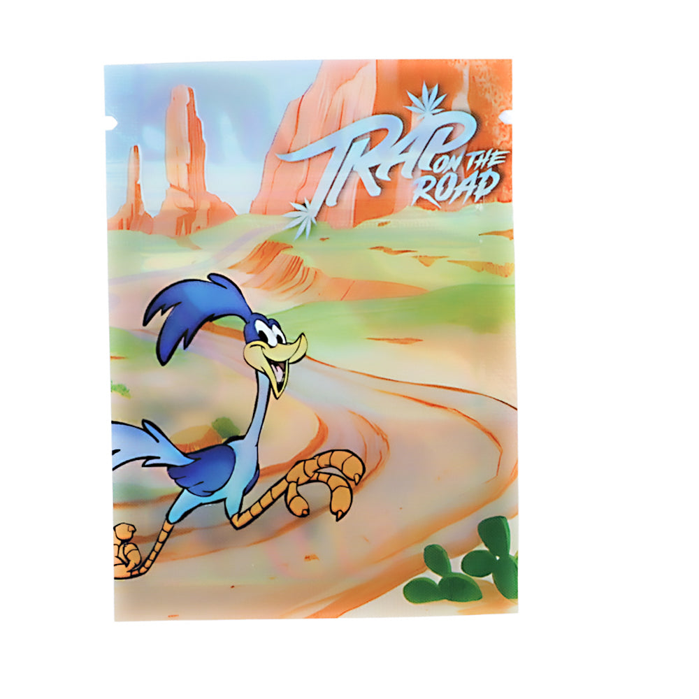 Mylar Bag  Animated character running on a road with 'Road on the Road' text in the background