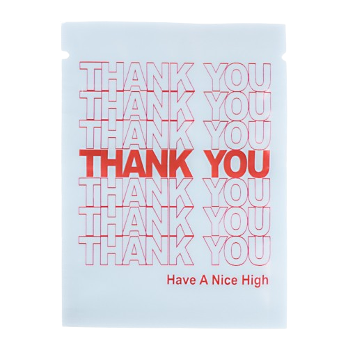 Mylar Bag Poster with 'THANK YOU' text in various sizes on a light blue background with 'Have A Nice High' at the bottom.