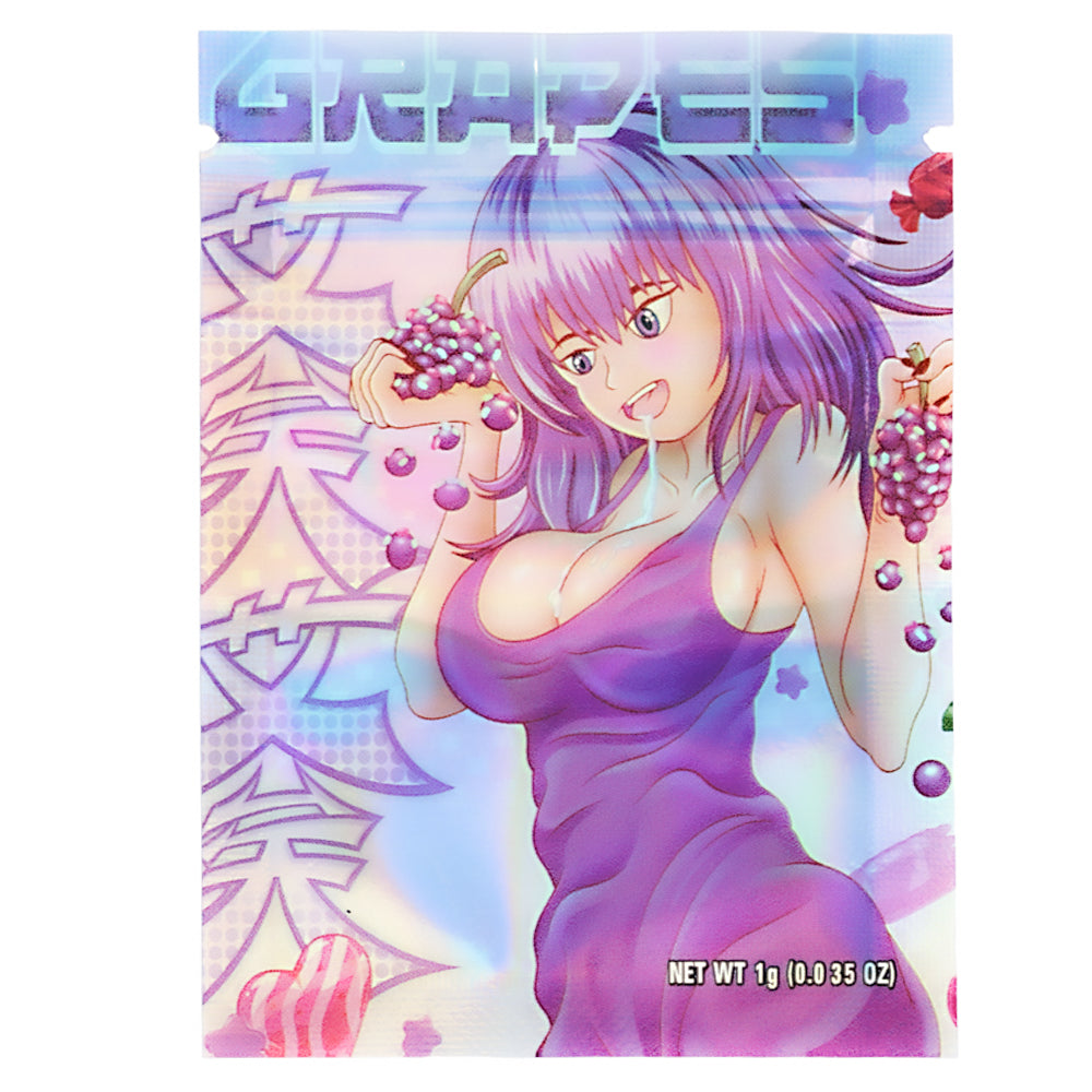 Mylar Bag Animated character with purple hair and a purple dress holding grapes on a colorful packaging background.