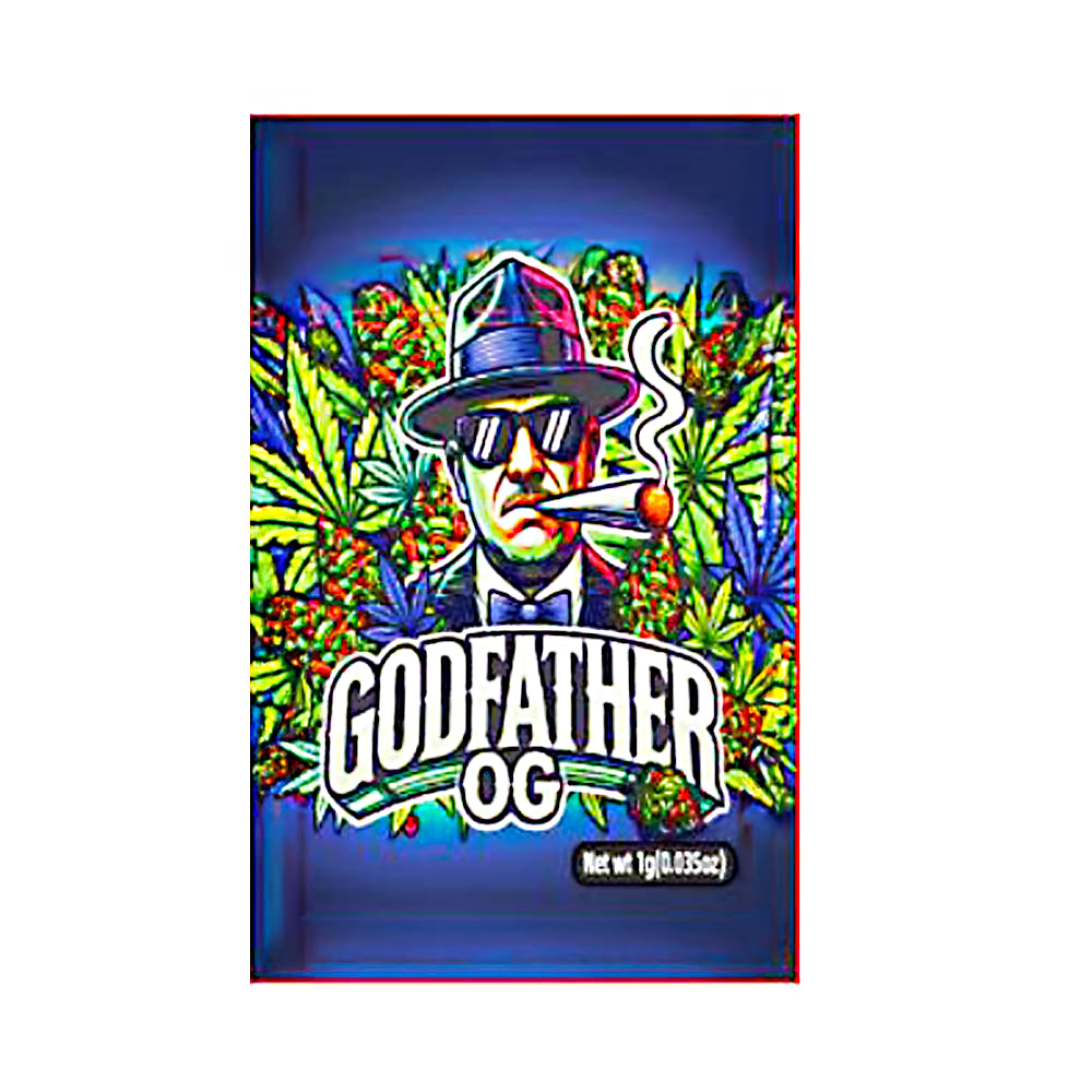 Mylar Bag Grafik mit dem 'Godfather OG' Logo in einer bunten Umgebung
