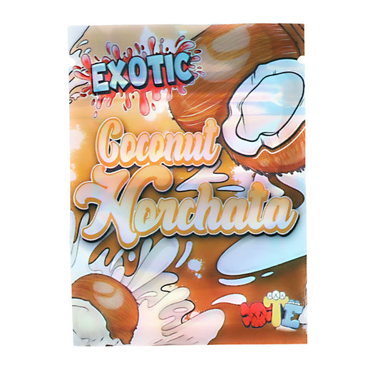 Mylar Bag Packaging of Exotic Coconut Horchata with coconut and milk design elements.