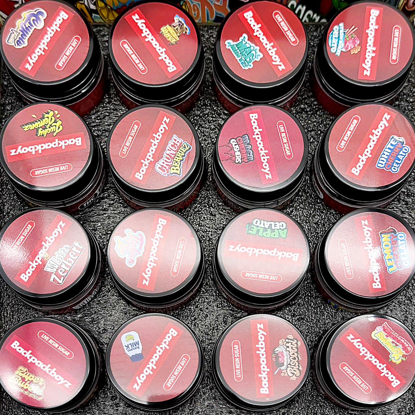 Backpack Boyz Empty 1oz Glass Wax Concentrate Jars Variety Pack – 16 Assorted Designs with Display Box