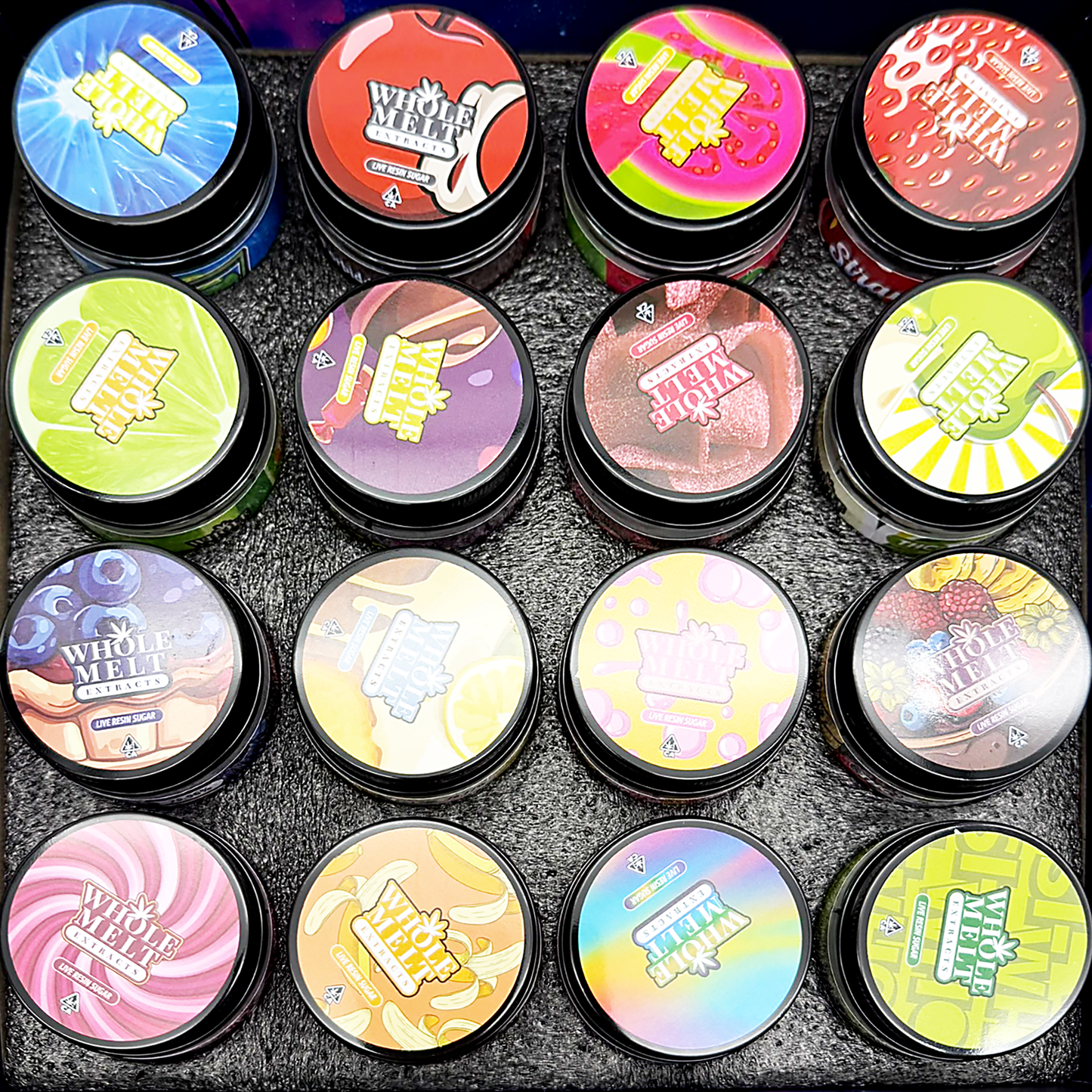 Whole Melt Galaxy Empty 1oz Glass Wax Concentrate Jars Variety Pack – 16 Assorted Designs with Display Box