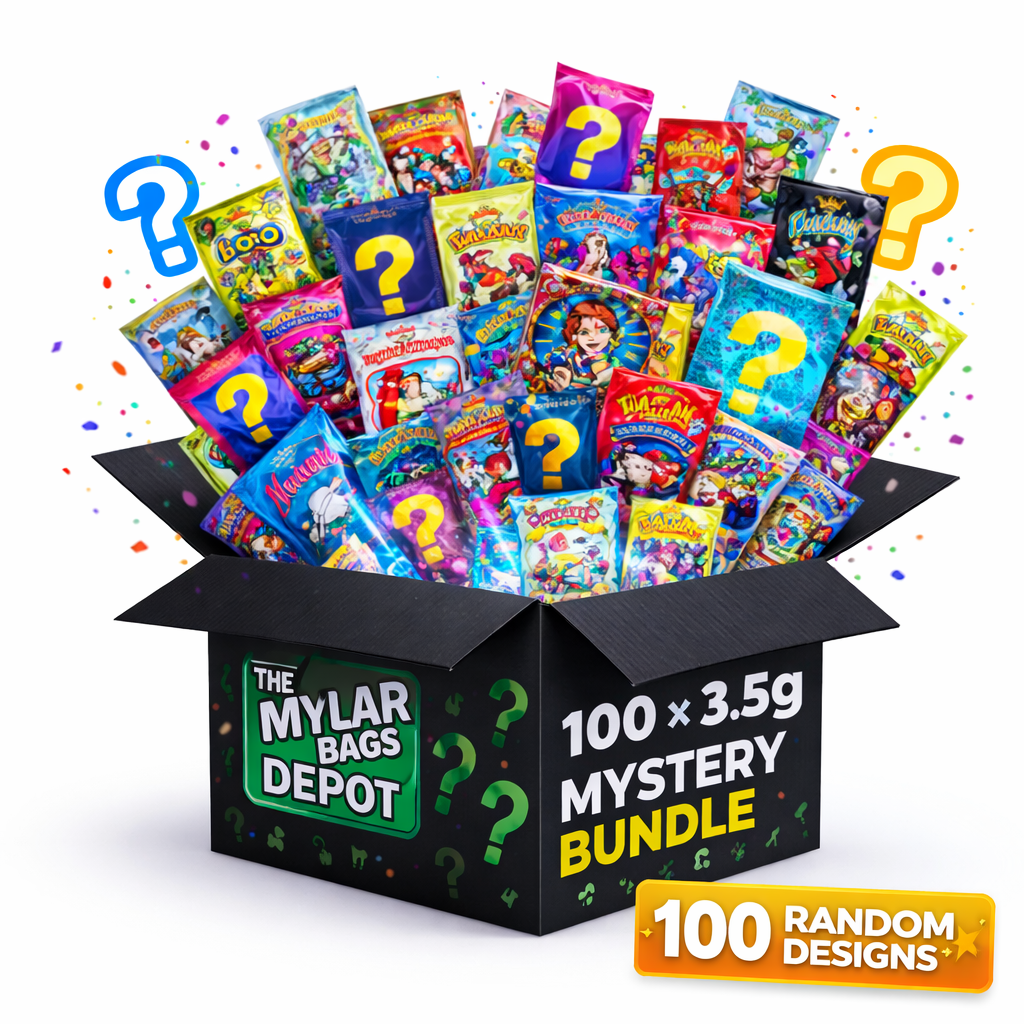 100 Pack 3.5g Small (4" x 5") Mylar Bags Mystery Bundle Assorted Designs