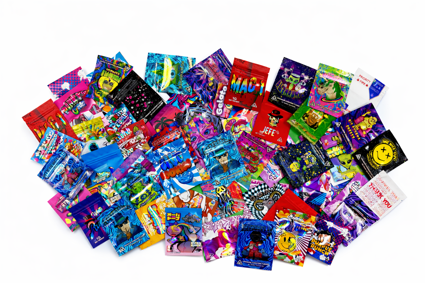 100 Pack Mini Size Mylar Bags - Assorted Styles, Shapes & Designs