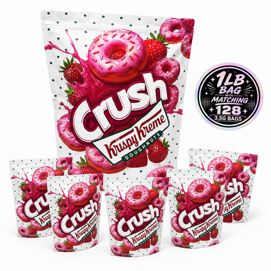 1 Pack 1lb Mylar Bag + 128 Matching 3.5g Mylar Bags – Matching Design Bundle - Crush Strawberry
