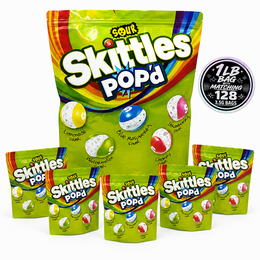 1 Pack 1lb Mylar Bag + 128 Matching 3.5g Mylar Bags – Matching Design Bundle - Skittles Pop'd
