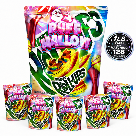 1 Pack 1lb Mylar Bag + 128 Matching 3.5g Mylar Bags – Matching Design Bundle - Puffmallow Banana Delights