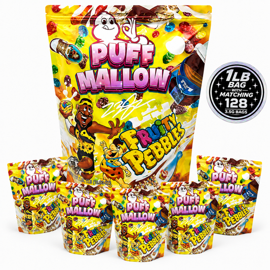 1 Pack 1lb Mylar Bag + 128 Matching 3.5g Mylar Bags – Matching Design Bundle - Puffmallow Fruity Pebbles