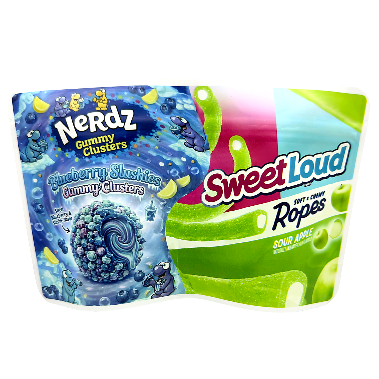 50 Pack - 3.5g (2IN1) Split Dual Graphic Mylar Bags  - Nerdz & Sweet Loud