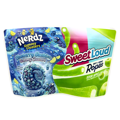 50 Pack - 3.5g (2IN1) Split Dual Graphic Mylar Bags  - Nerdz & Sweet Loud