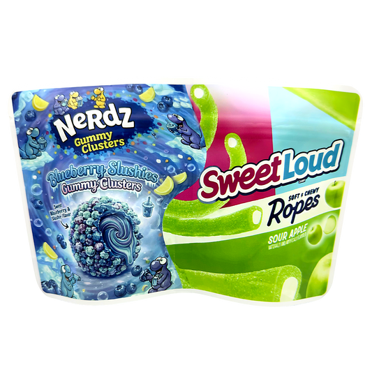 50 Pack - 3.5g (2IN1) Split Dual Graphic Mylar Bags  - Nerdz & Sweet Loud