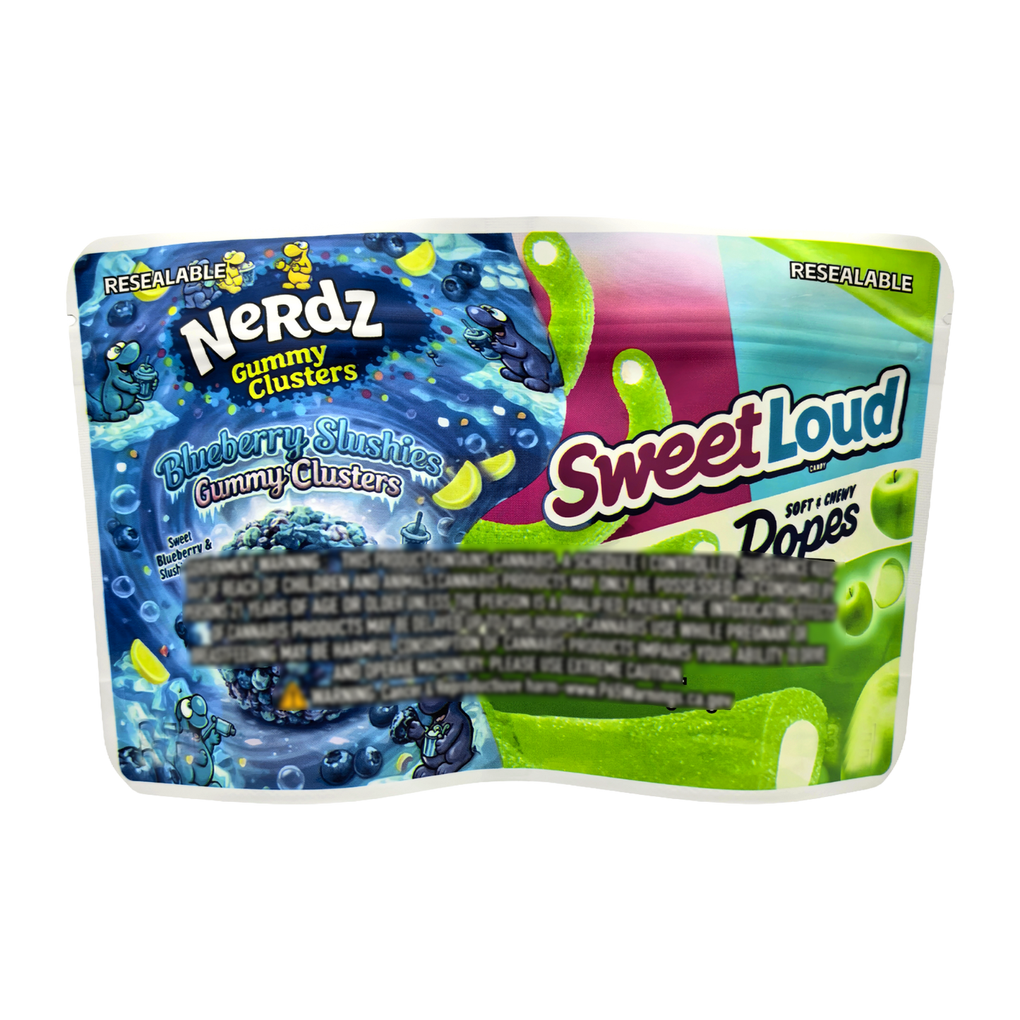 50 Pack - 3.5g (2IN1) Split Dual Graphic Mylar Bags  - Nerdz & Sweet Loud
