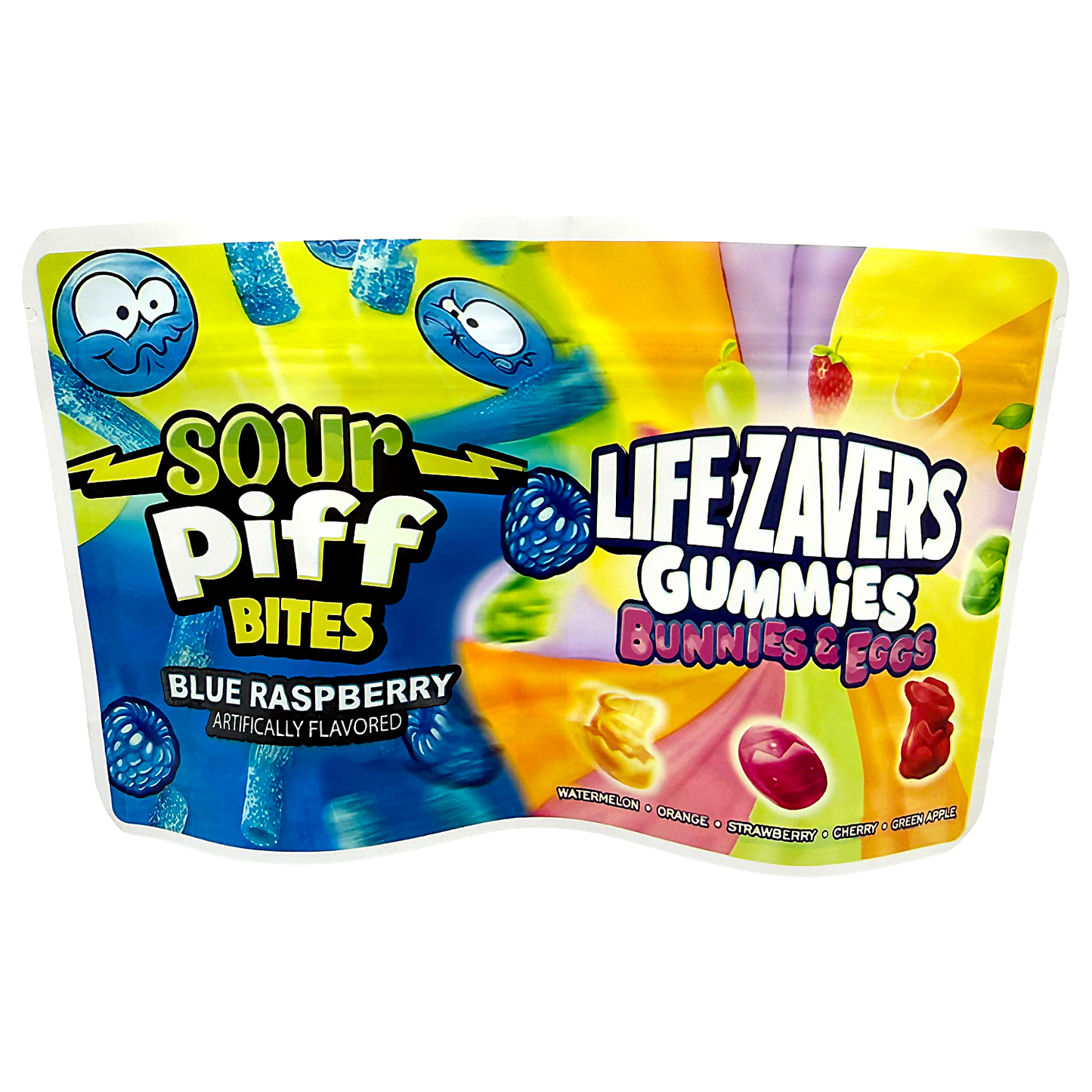 50 Pack - 3.5g (2IN1) Split Dual Graphic Mylar Bags  - Sour Piff & Life Savers