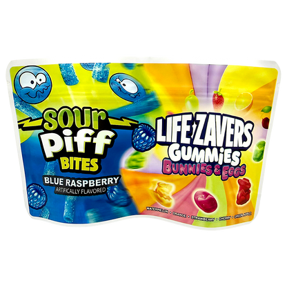 50 Pack - 3.5g (2IN1) Split Dual Graphic Mylar Bags  - Sour Piff & Life Savers