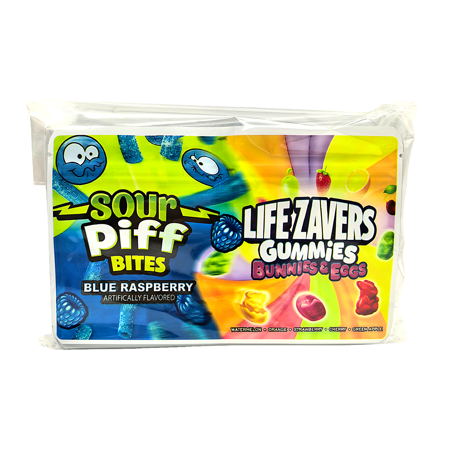 50 Pack - 3.5g (2IN1) Split Dual Graphic Mylar Bags  - Sour Piff & Life Savers