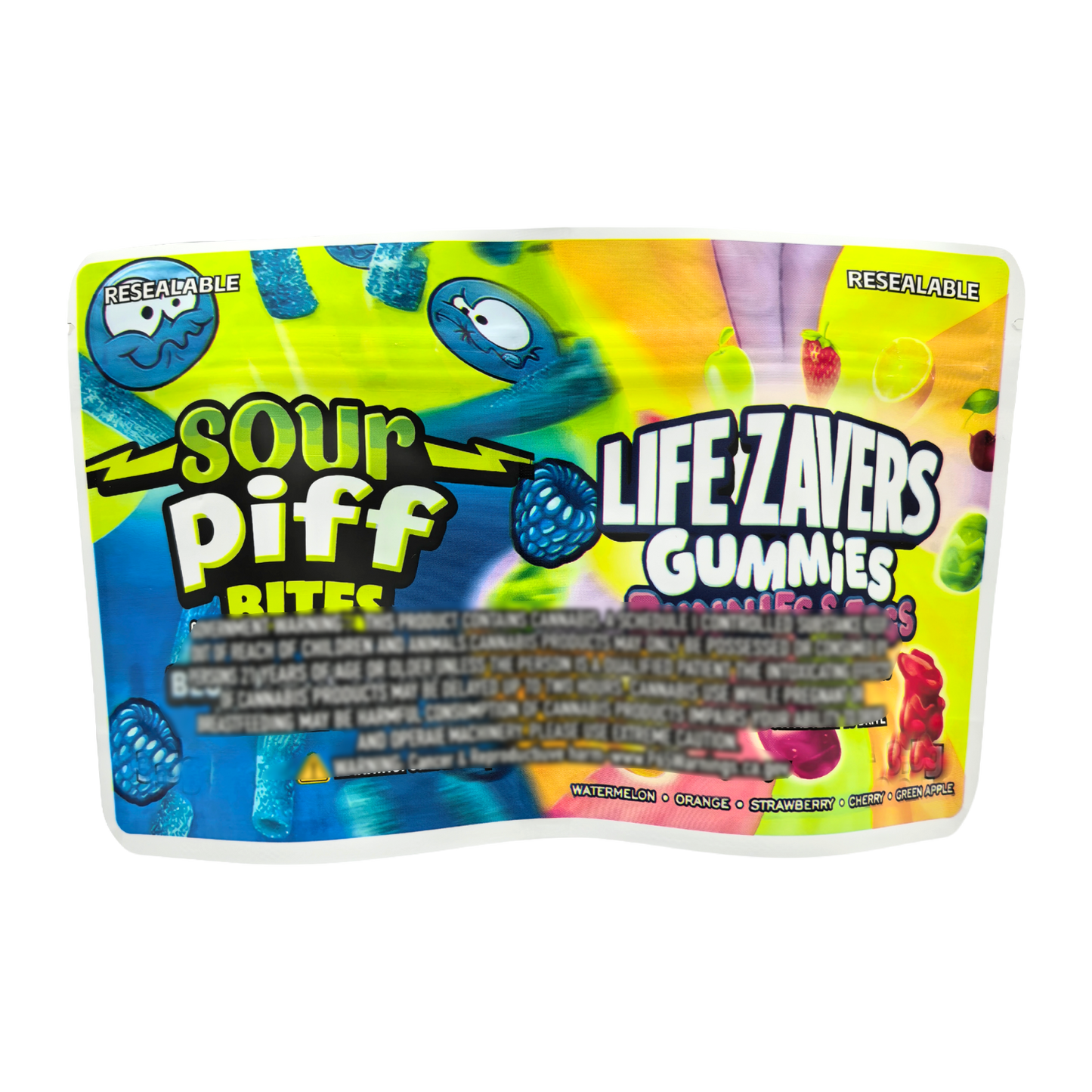 50 Pack - 3.5g (2IN1) Split Dual Graphic Mylar Bags  - Sour Piff & Life Savers