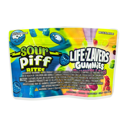50 Pack - 3.5g (2IN1) Split Dual Graphic Mylar Bags  - Sour Piff & Life Savers