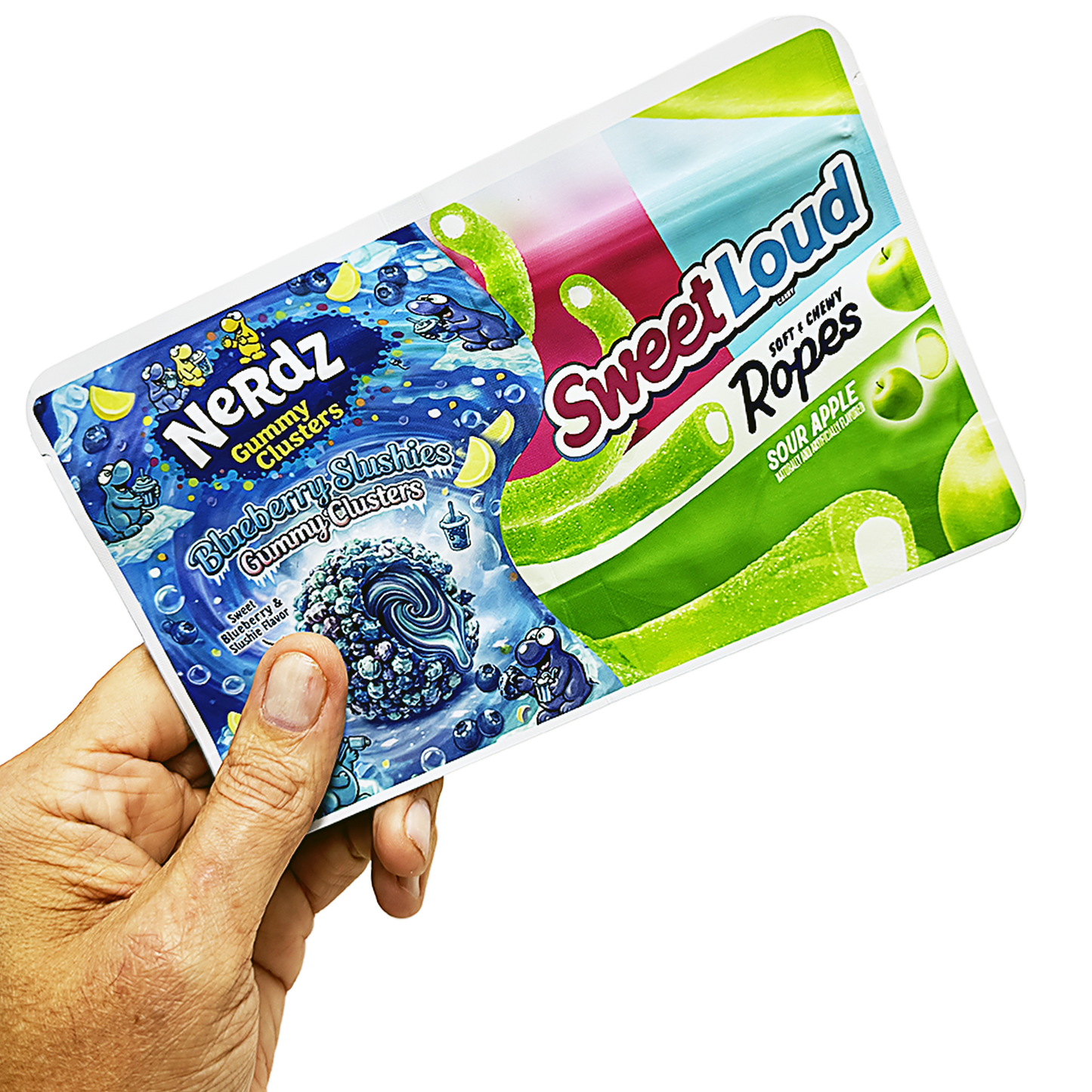 50 Pack - 3.5g (2IN1) Split Dual Graphic Mylar Bags - Mix Assorted Designs