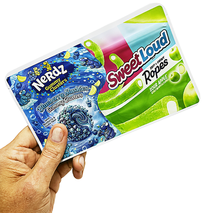 50 Pack - 3.5g (2IN1) Split Dual Graphic Mylar Bags - Mix Assorted Designs