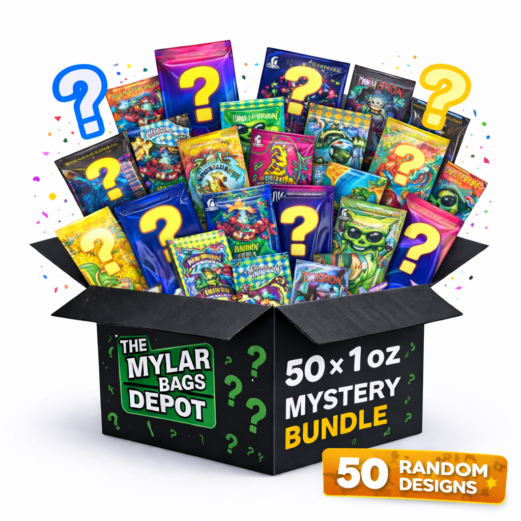 50 Pack 28g Large (6" x 8") Resealable Storage Mylar Pouches Mystery Bundle - Assorted Designs