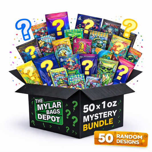 1 oz -50 Mylar Bags Mystery Bundle Pack β Assorted Designs