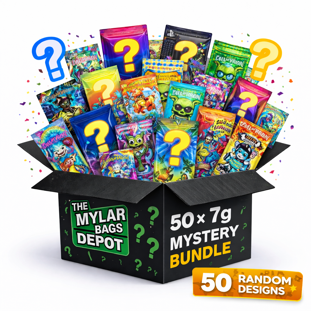 50 Pack 7g Medium (4" x 6.25") Foil Storage Organizer Bags Mystery Bundle - Assorted Designs