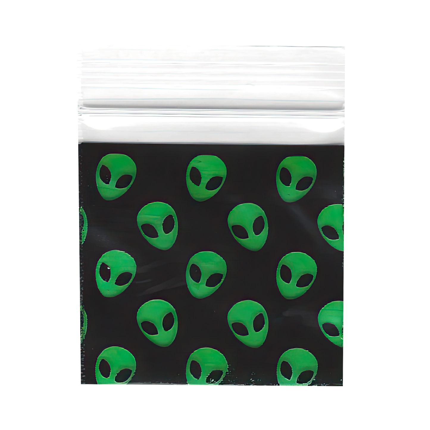 Mylar Bags, Cannabis Mylar Bags, , Where to buy mylar bags, Custom mylar bags near me, Mylar Bags Wholesale. Clear plastic bag with green alien pattern on a black background