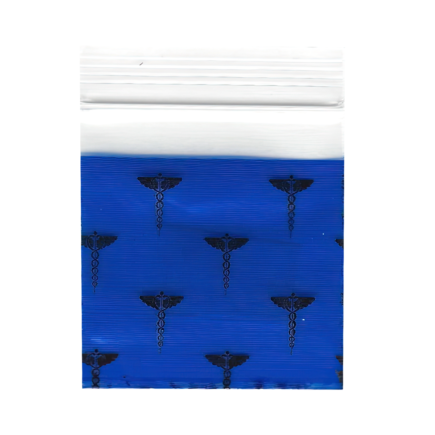Mylar Bags, Cannabis Mylar Bags, , Where to buy mylar bags, Custom mylar bags near me, Mylar Bags Wholesale. Blue ziplock bags with black caduceus symbols on a white background
