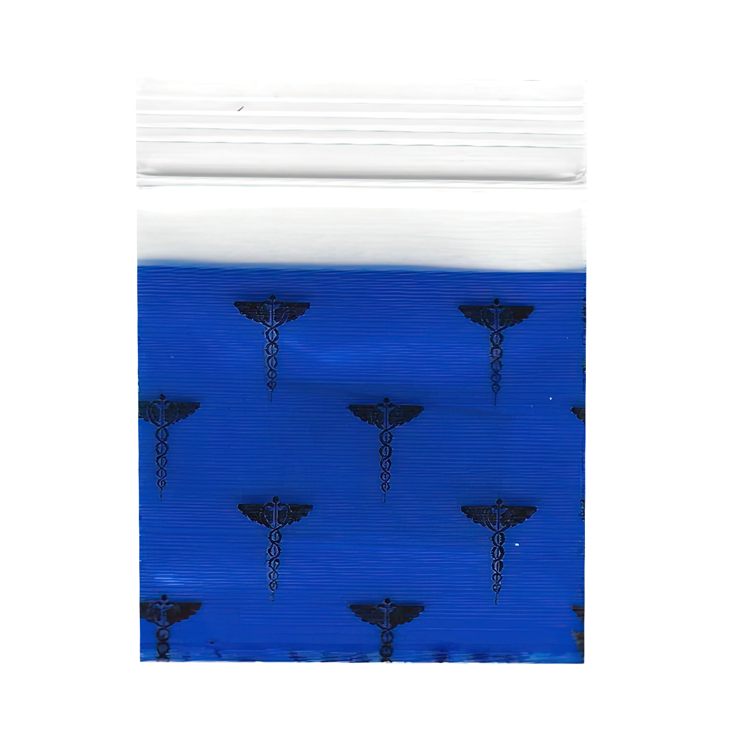 Mylar Bags, Cannabis Mylar Bags, , Where to buy mylar bags, Custom mylar bags near me, Mylar Bags Wholesale. Blue ziplock bags with black caduceus symbols on a white background