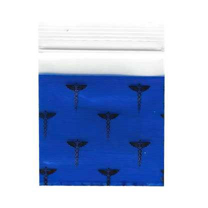 Mylar Bags, Cannabis Mylar Bags, , Where to buy mylar bags, Custom mylar bags near me, Mylar Bags Wholesale. Blue ziplock bags with black caduceus symbols on a white background